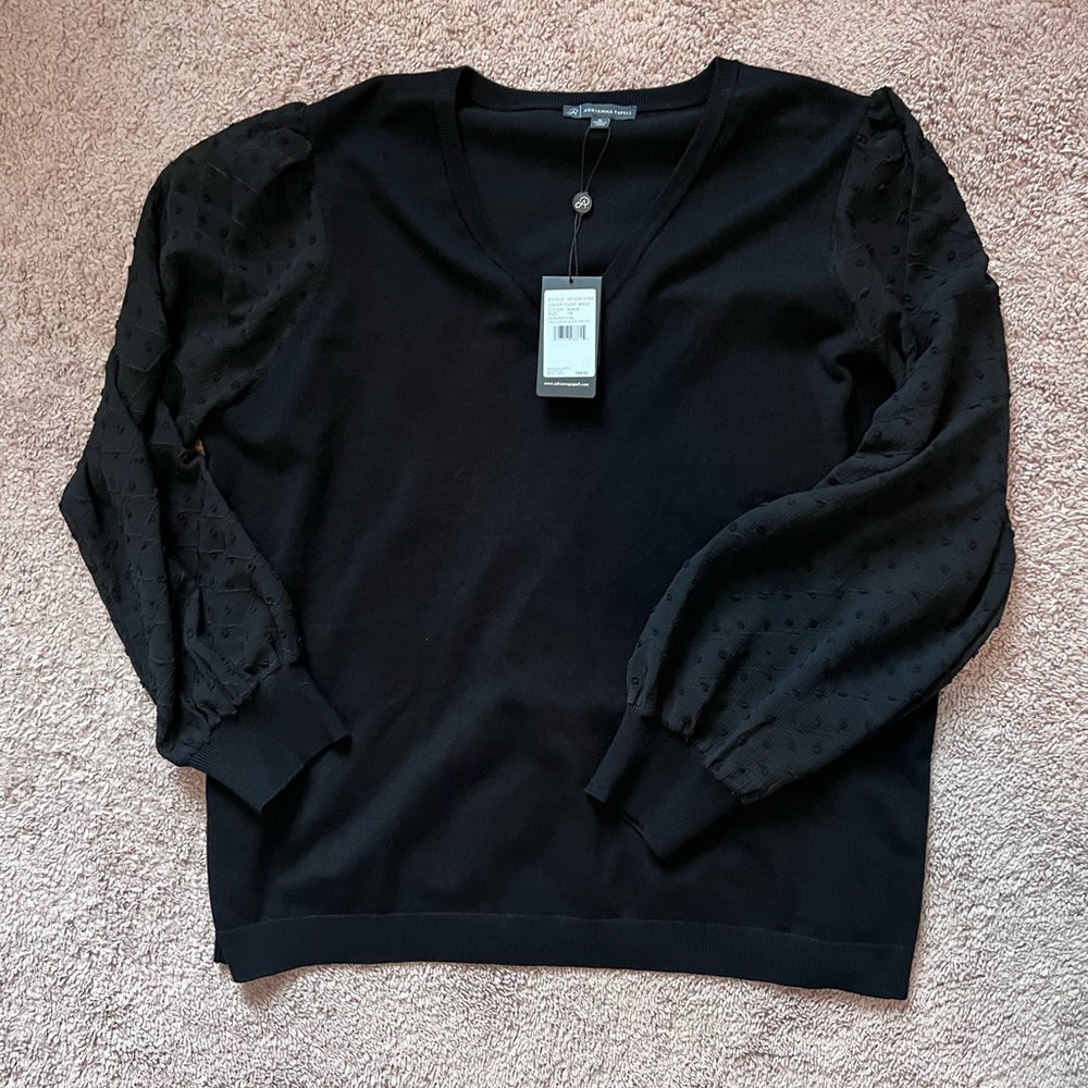Adrianna Papell Black V-Neck Sweater with Sheer Sleeves